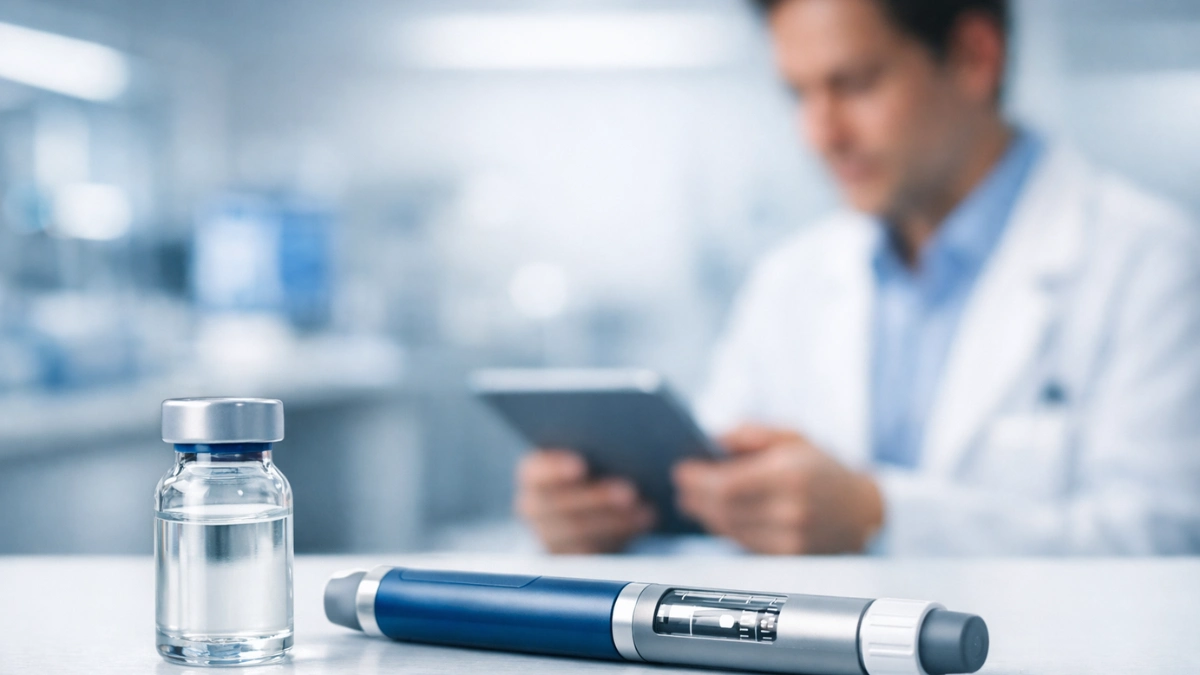 A professional medical injector pen and a medication vial on a sterile white surface in a laboratory setting.