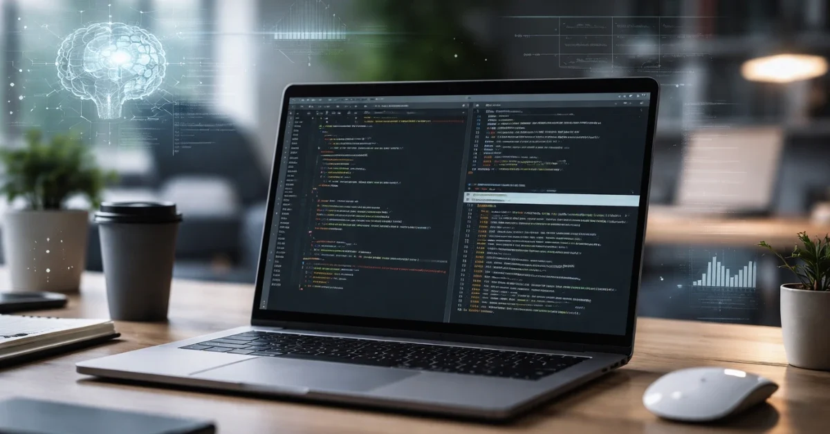 A modern developer desk with a laptop showing a code editor and terminal in a softly lit office setting.