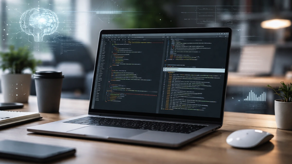 A modern developer desk with a laptop showing a code editor and terminal in a softly lit office setting.