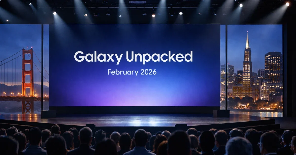 Wide shot of a keynote stage screen reading “Galaxy Unpacked February 2026” with stage lighting and an audience in silhouette.
