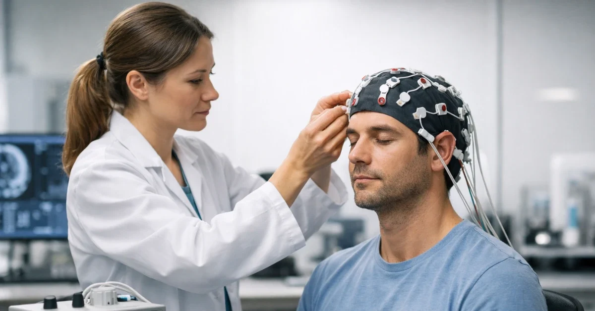 Researcher fits a noninvasive brain stimulation electrode cap on a participant in a neuroscience lab.