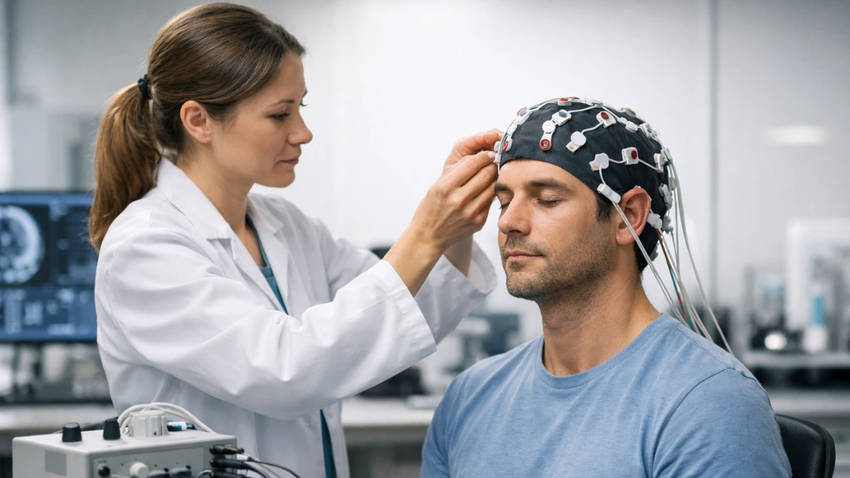 Researcher fits a noninvasive brain stimulation electrode cap on a participant in a neuroscience lab.