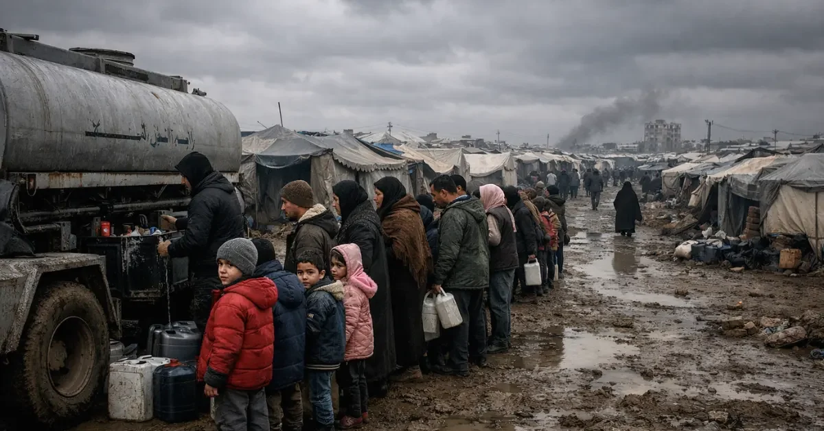 A displacement camp in Gaza with rows of tents on muddy ground under a cloudy sky, showing people queuing for water distribution in winter 2026.