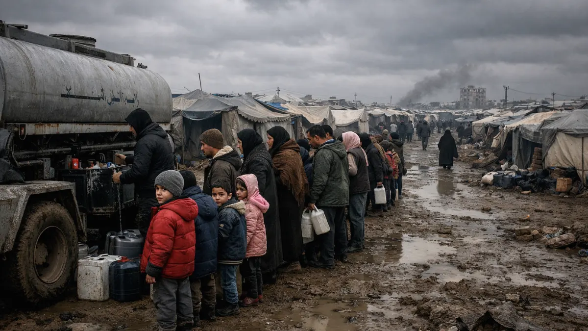 A displacement camp in Gaza with rows of tents on muddy ground under a cloudy sky, showing people queuing for water distribution in winter 2026.