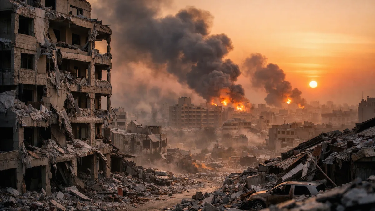 A wide news-style shot of the Gaza skyline in February 2026 showing smoke rising from military strikes behind damaged buildings at sunset.