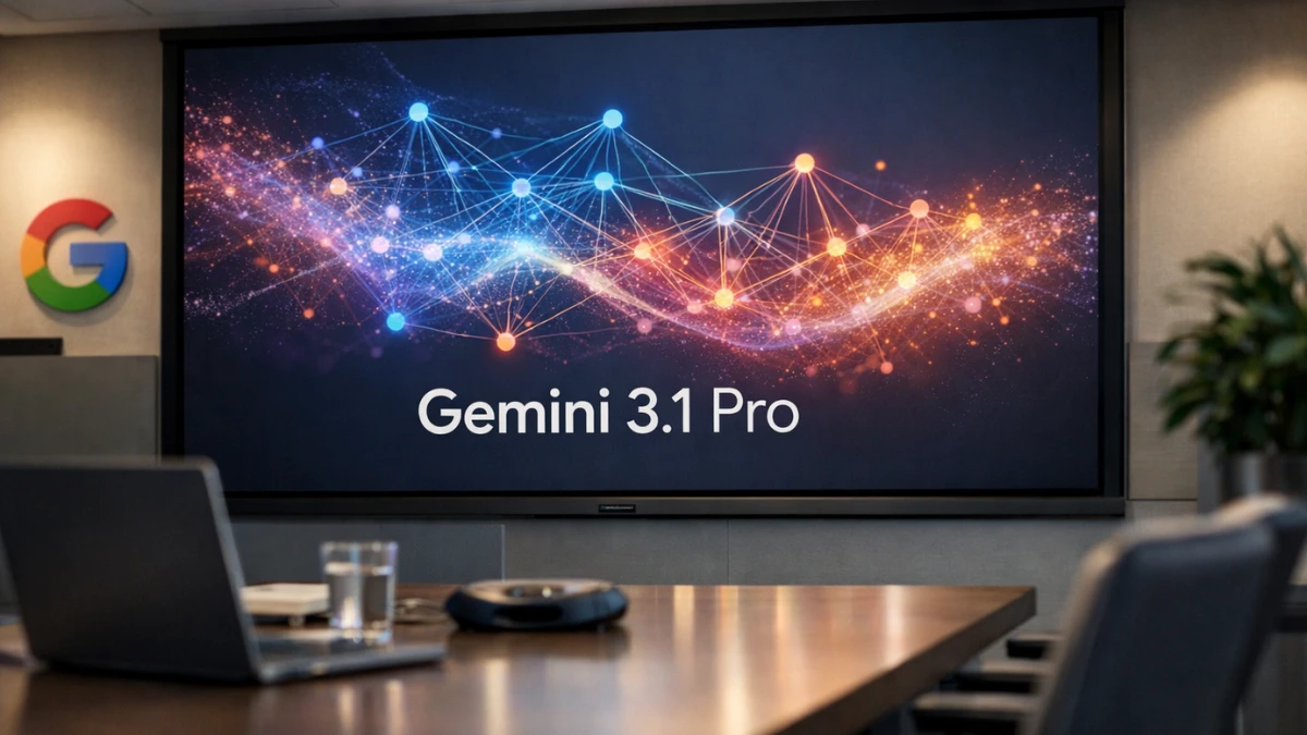 A modern office scene with a large display showing an abstract AI visualization and the text “Gemini 3.1 Pro” on a presentation slide.