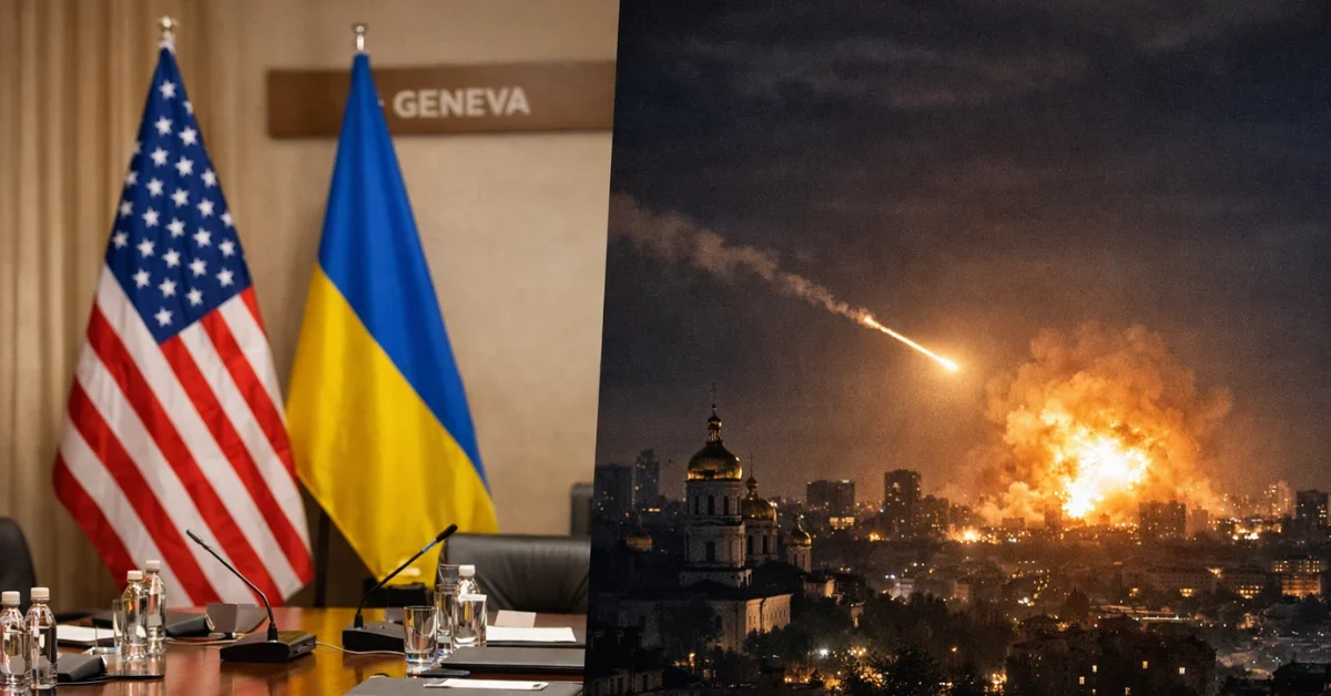 A split-screen news image showing a diplomatic conference room with US and Ukrainian flags on the left, and a night view of Kyiv under a missile and drone strike on the right.