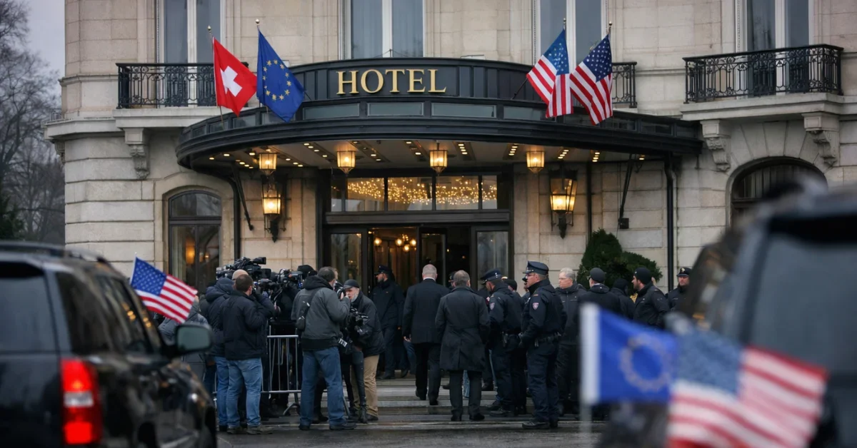Exterior of a Geneva hotel venue hosting Russia-Ukraine peace talks under a cloudy winter sky, featuring diplomatic vehicles and security personnel.