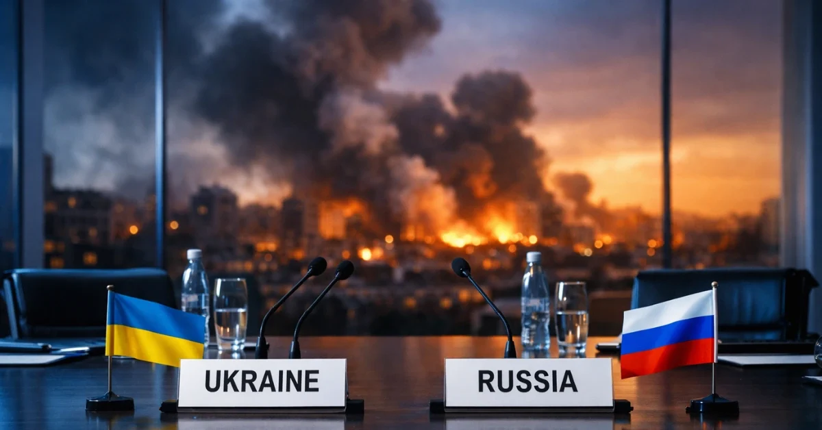 A split-composition news image showing a sterile negotiation table with Ukraine and Russia nameplates in the foreground, contrasted against a blurred background suggesting a city under attack with smoke and darkened buildings.
