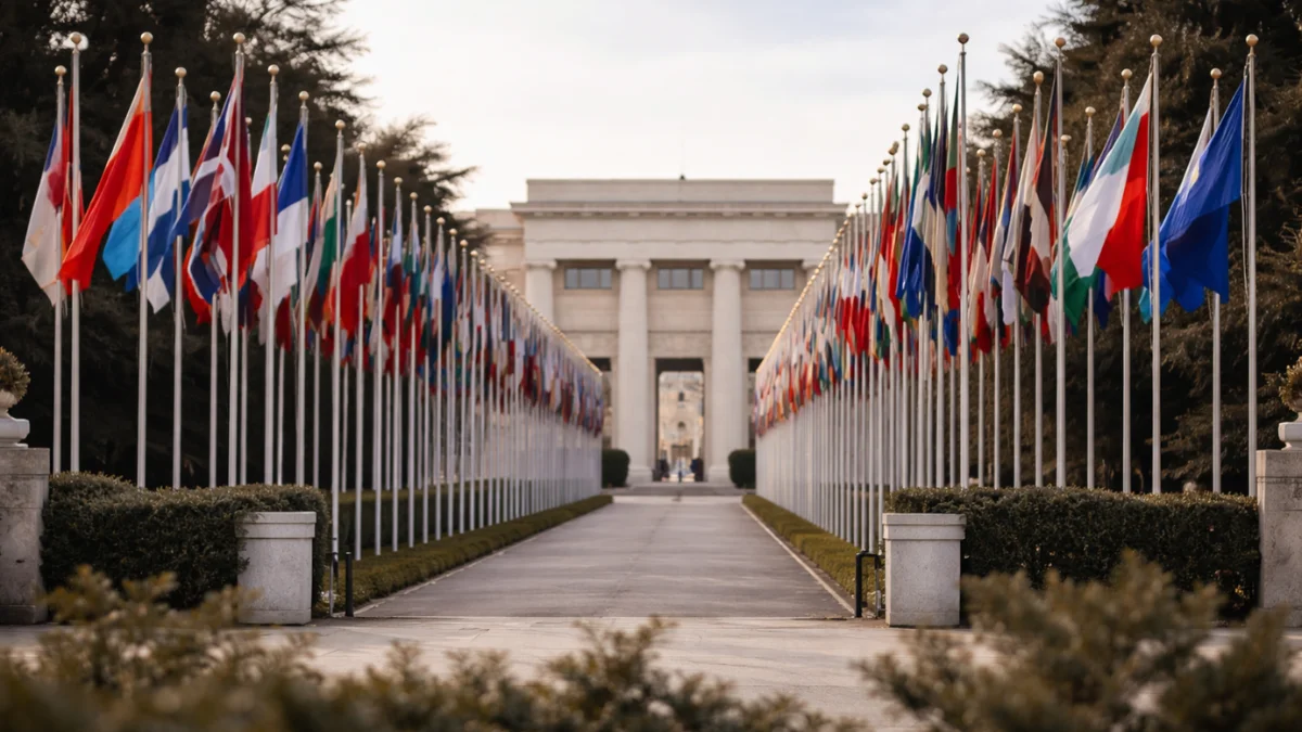 Wide shot of the Palais des Nations area in Geneva with international flags outside in winter daylight.
