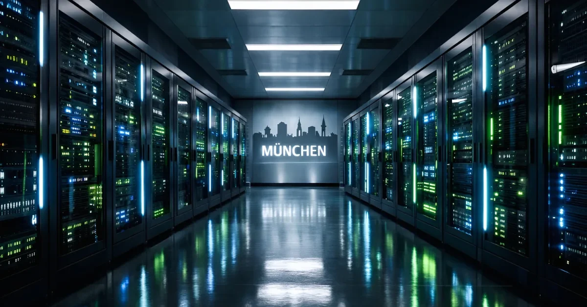 Interior view of Germany's first AI Factory data center in Munich, showing rows of illuminated server racks.