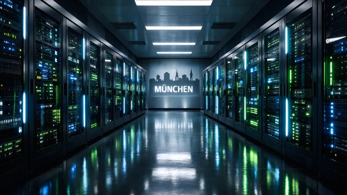 Interior view of Germany's first AI Factory data center in Munich, showing rows of illuminated server racks.
