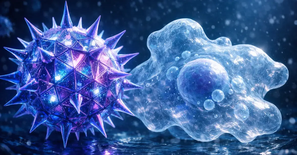 A microscopic view of a giant virus with a spiky protein shell approaching an amoeba cell in a dark liquid environment .