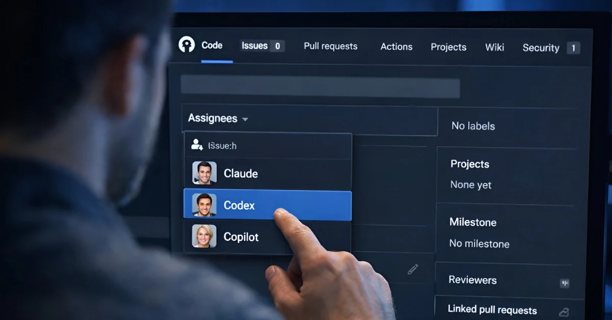 A developer's computer screen displaying the GitHub Agent HQ interface, showing a menu to assign tasks to AI agents like Claude and Codex.