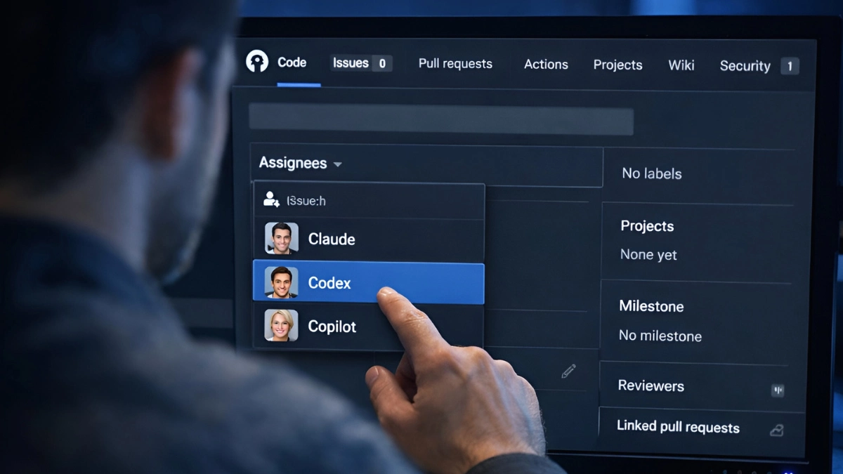 A developer's computer screen displaying the GitHub Agent HQ interface, showing a menu to assign tasks to AI agents like Claude and Codex.
