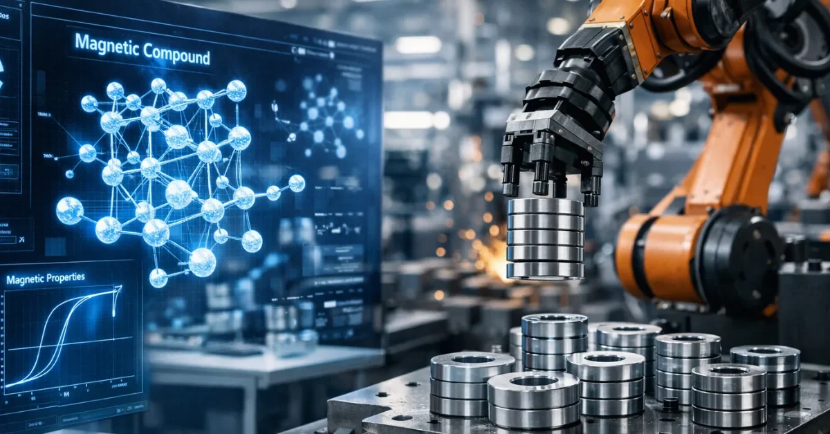 A split view showing a futuristic laboratory with AI molecular data on the left and heavy industrial robotic manufacturing of rare earth permanent magnets on the right.