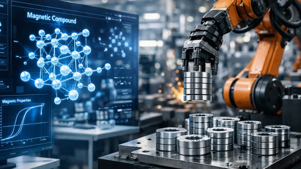 A split view showing a futuristic laboratory with AI molecular data on the left and heavy industrial robotic manufacturing of rare earth permanent magnets on the right.