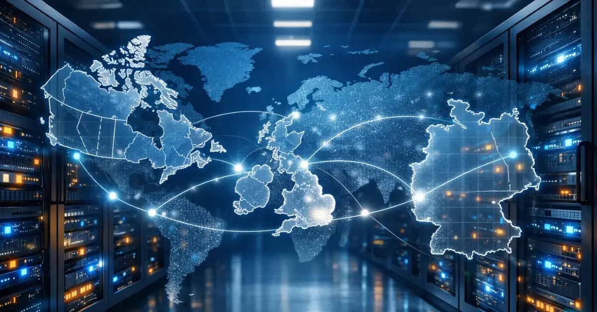High-tech server room with holographic map connecting Canada, UK, and Germany, representing sovereign AI cooperation.