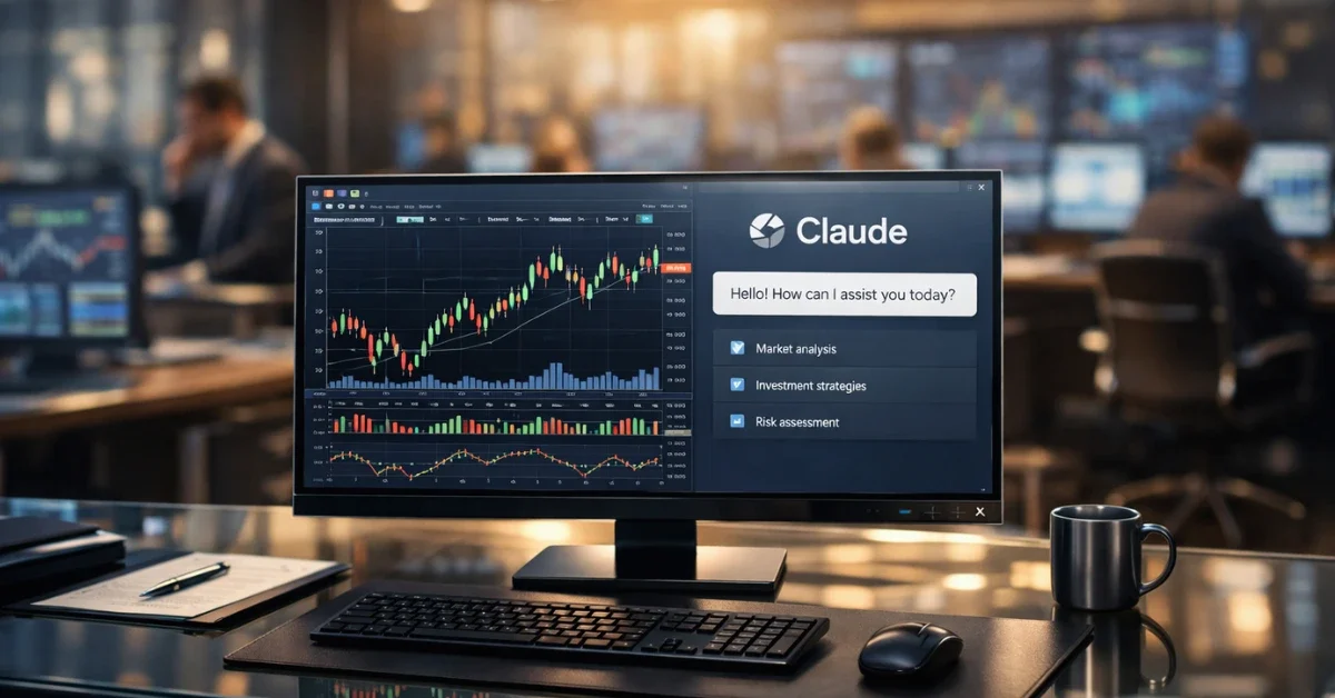 A professional banking office setting showing a computer screen with financial data and an AI interface, representing Goldman Sachs' integration of Anthropic's Claude.