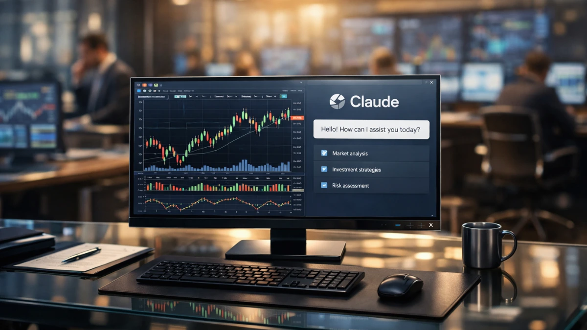 A professional banking office setting showing a computer screen with financial data and an AI interface, representing Goldman Sachs' integration of Anthropic's Claude.
