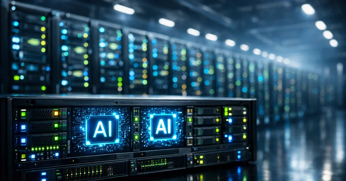 A brightly lit modern data center showing rows of server racks with glowing blue and green AI processor chips.