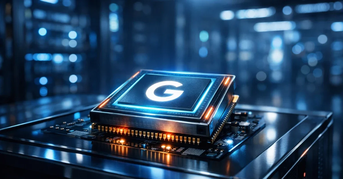 A close-up of a brightly illuminated modern artificial intelligence microchip resting on a server rack inside a futuristic data center.