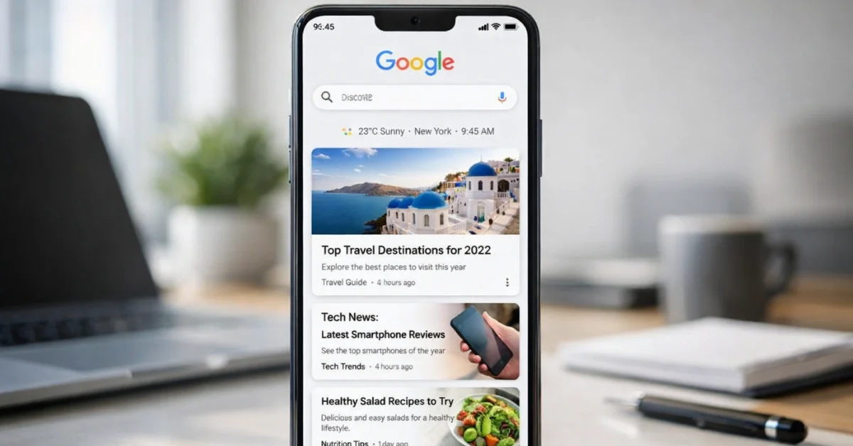 Smartphone displaying Google Discover feed with article cards on a desk, illustrating the February 2026 Discover core update changes