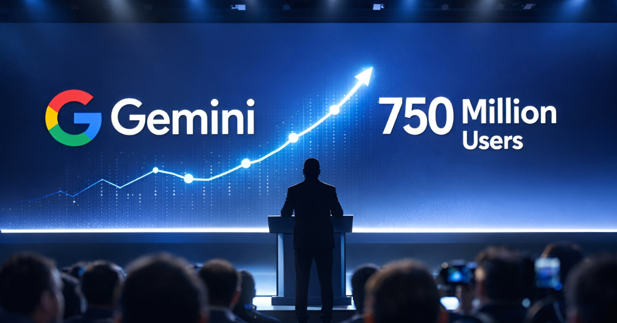 A presenter on a stage with a large screen displaying the Google Gemini logo and the text 750 Million Users.