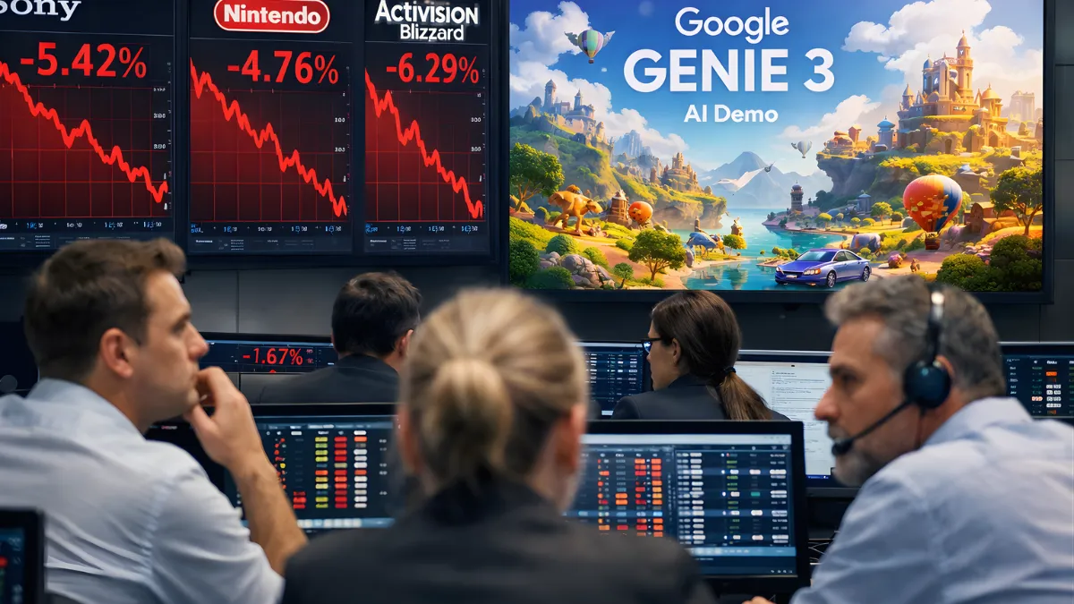 Traders watch large screens showing falling gaming stock prices next to a Google Genie 3 AI demo display on a busy trading floor.