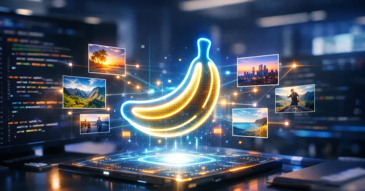 A glowing holographic banana symbol surrounded by digital photos and code in a modern tech workspace, representing Google's Nano Banana 2 AI image generator.