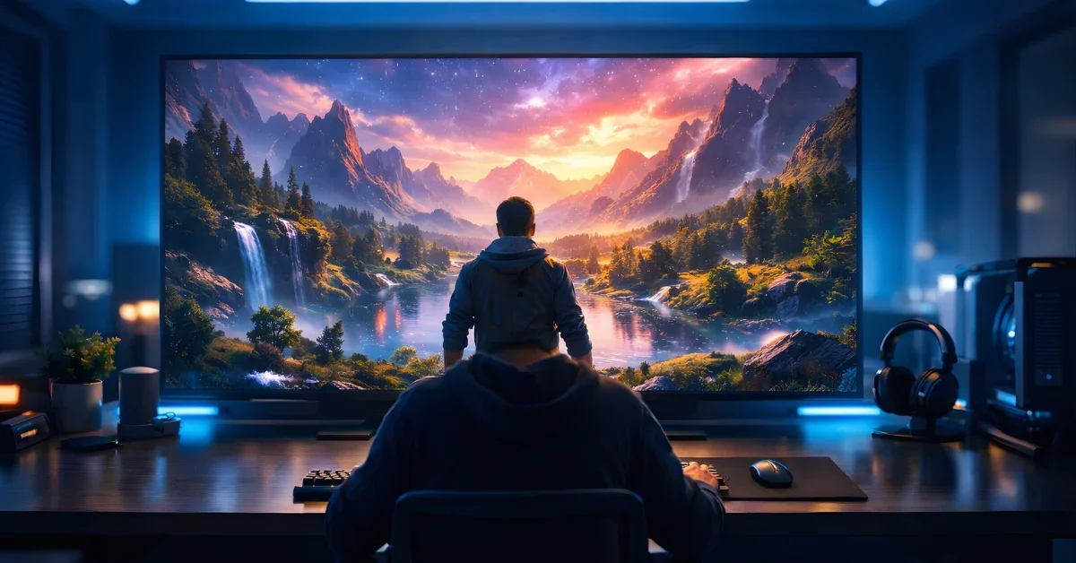 Person working at computer desk with holographic display showing interactive virtual world generated by AI technology