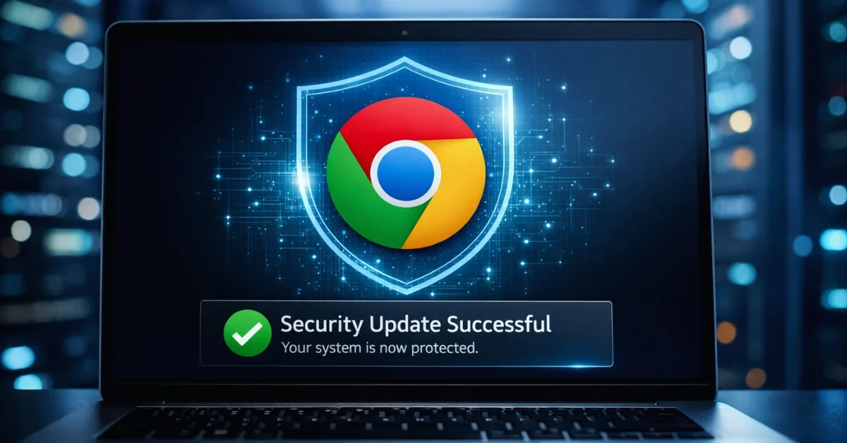 A laptop screen displaying a Google Chrome security update notification with a digital shield, set against a blurred background of blue-lit server racks.