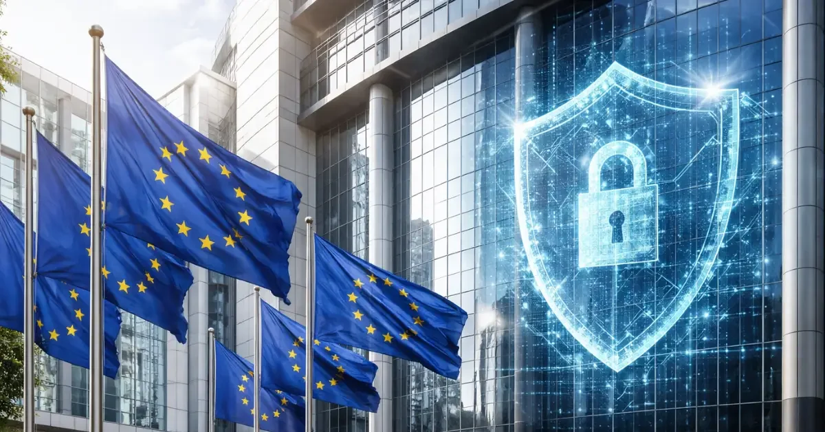 A wide, daylight exterior view of an EU institutional building with EU flags, with a subtle cybersecurity-themed visual overlay on the glass facade.