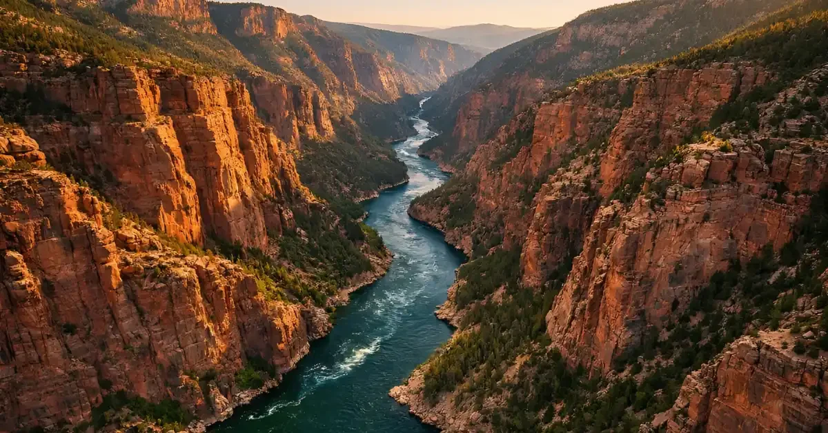 Aerial view of the Green River winding through the deep red rock cliffs of the Canyon of Lodore in the Uinta Mountains under golden sunlight.