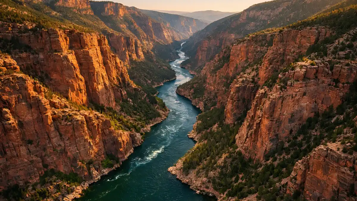 Aerial view of the Green River winding through the deep red rock cliffs of the Canyon of Lodore in the Uinta Mountains under golden sunlight.