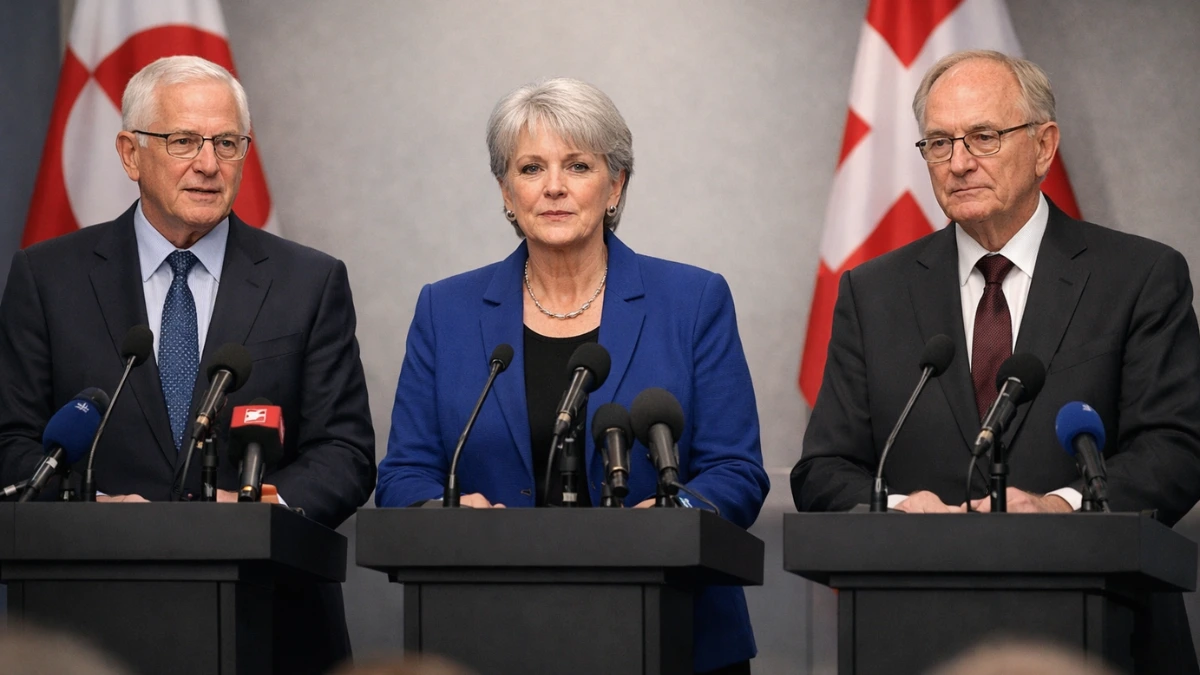 Three diplomats speak at podiums during a press conference in Nuuk, Greenland, with microphones and flags in the background.
