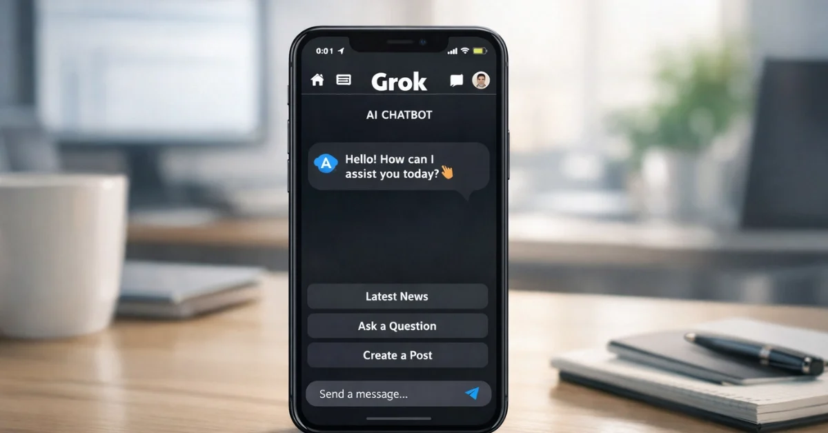 A smartphone displaying a Grok-labeled AI chatbot interface on a desk in a modern office setting, photographed in a wide, news-style shot.