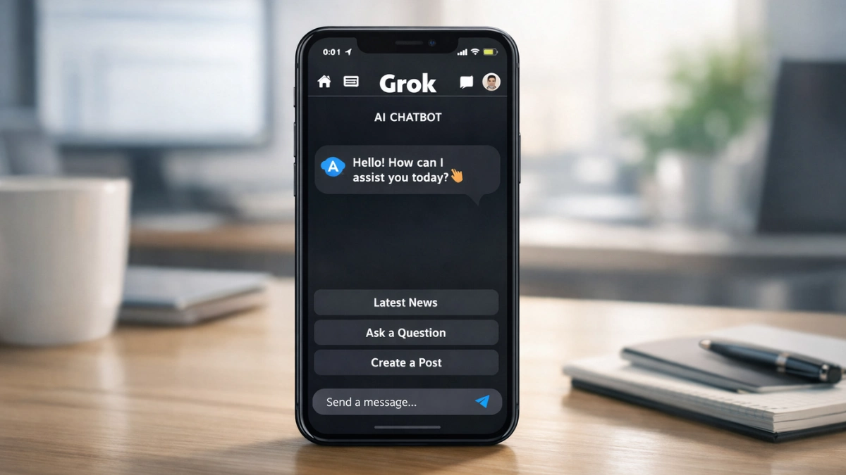 A smartphone displaying a Grok-labeled AI chatbot interface on a desk in a modern office setting, photographed in a wide, news-style shot.