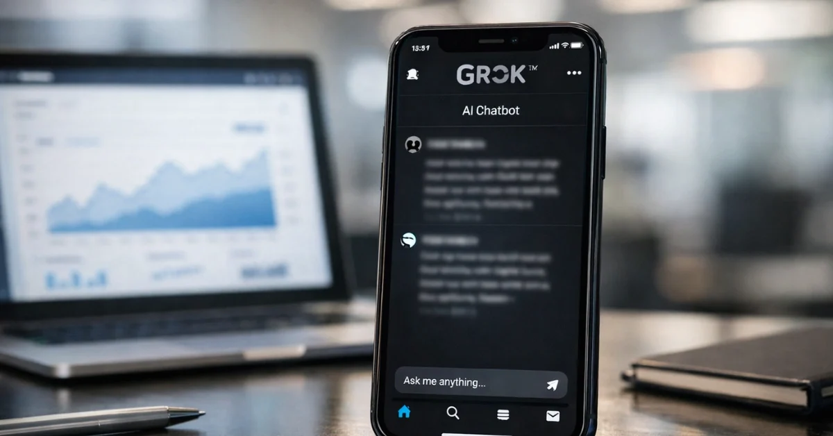 A smartphone on a desk displays the Grok chatbot interface inside the X app, with a blurred analytics screen in the background.