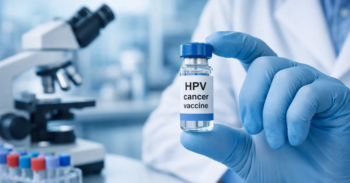 A scientist in a modern laboratory holds a vial labeled “HPV cancer vaccine” near a microscope and lab samples.