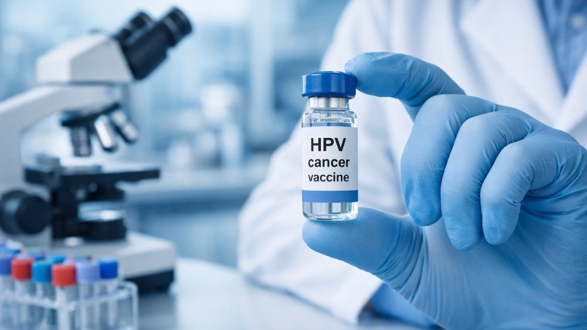 A scientist in a modern laboratory holds a vial labeled “HPV cancer vaccine” near a microscope and lab samples.