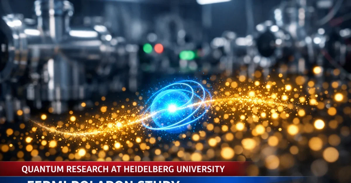 A professional 3D scientific visualization showing a blue impurity particle interacting with a golden sea of fermions in a high-tech laboratory setting.