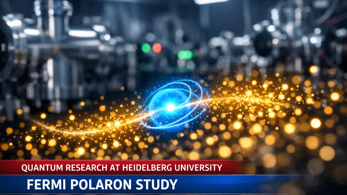 A professional 3D scientific visualization showing a blue impurity particle interacting with a golden sea of fermions in a high-tech laboratory setting.