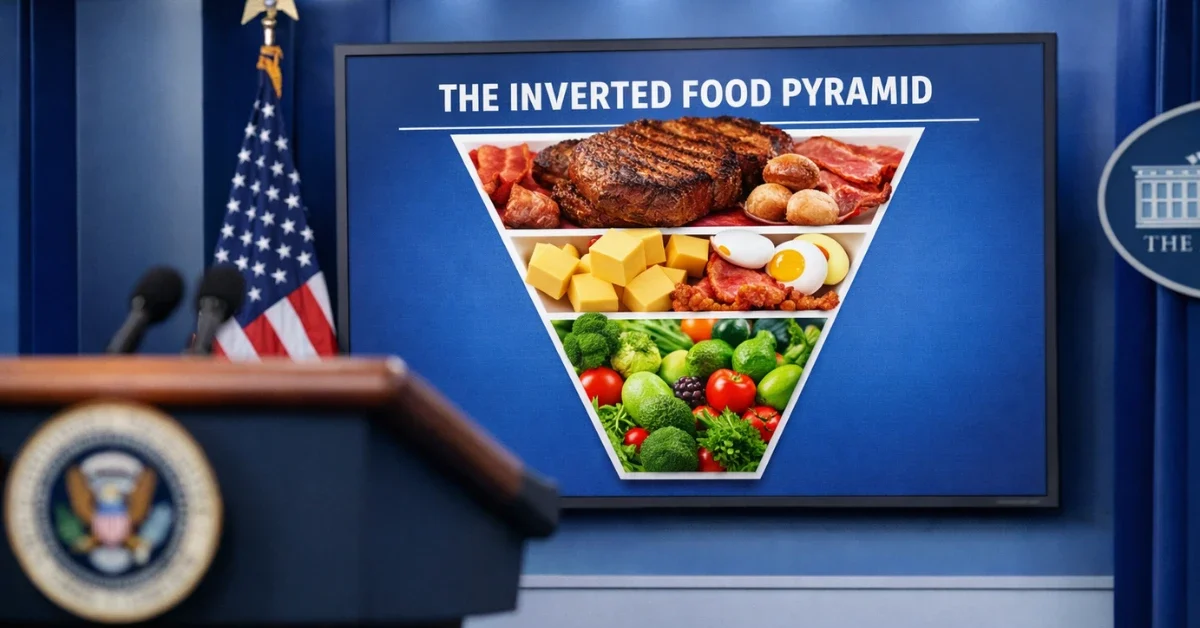 A government press briefing room showing a presentation screen displaying the new 2025–2030 Dietary Guidelines food pyramid with images of meat, dairy, and vegetables.
