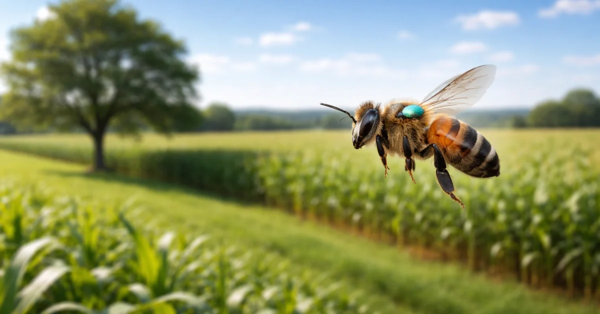 A hyper-realistic view of a honey bee with a tiny tracking marker flying over a green agricultural field with a large tree in the distance.