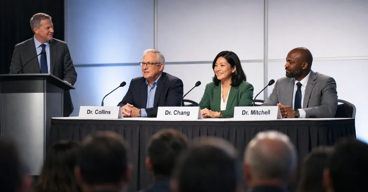 A wide view of a science conference panel with three speakers on stage behind microphones and an audience watching in a convention center.