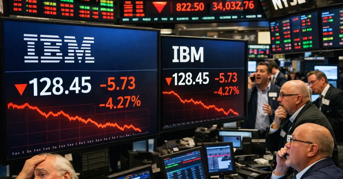 Trading floor with electronic boards showing IBM stock falling and traders reacting in real time.