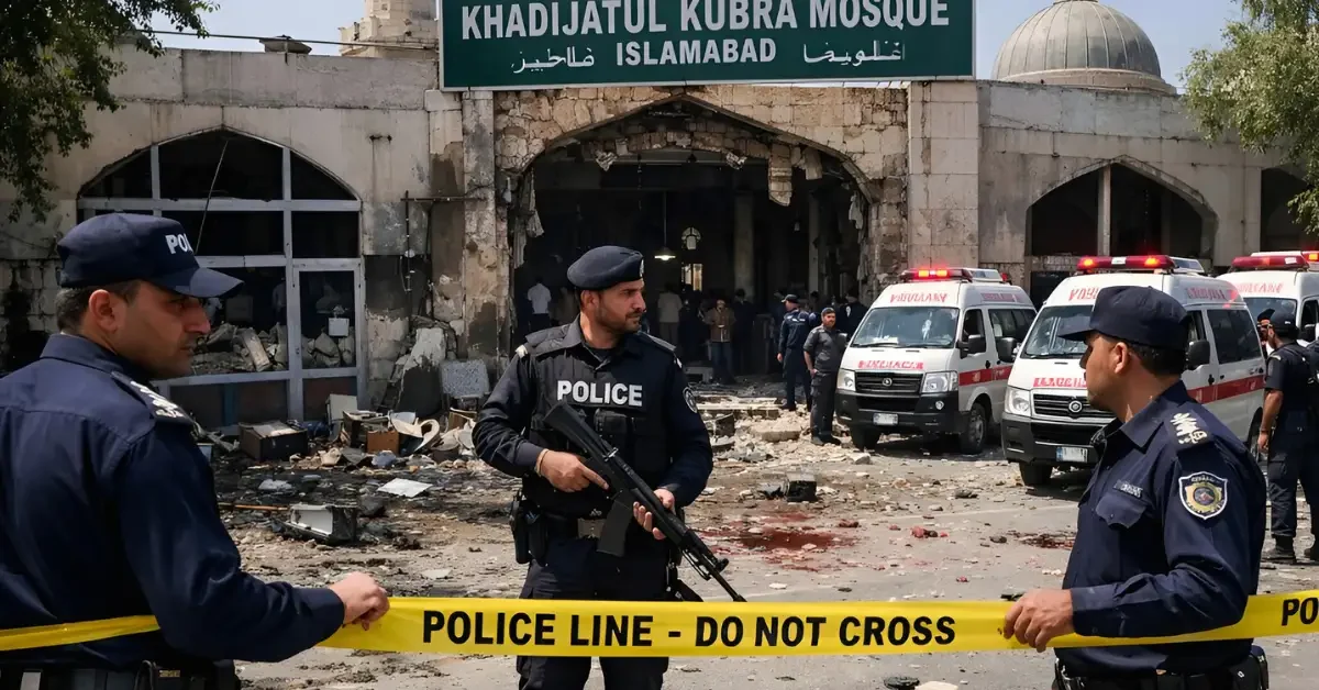 Police officers cordon off the entrance to the Khadijatul Kubra Mosque in Islamabad following a deadly suicide blast, with ambulances standing by and debris scattered on the ground.