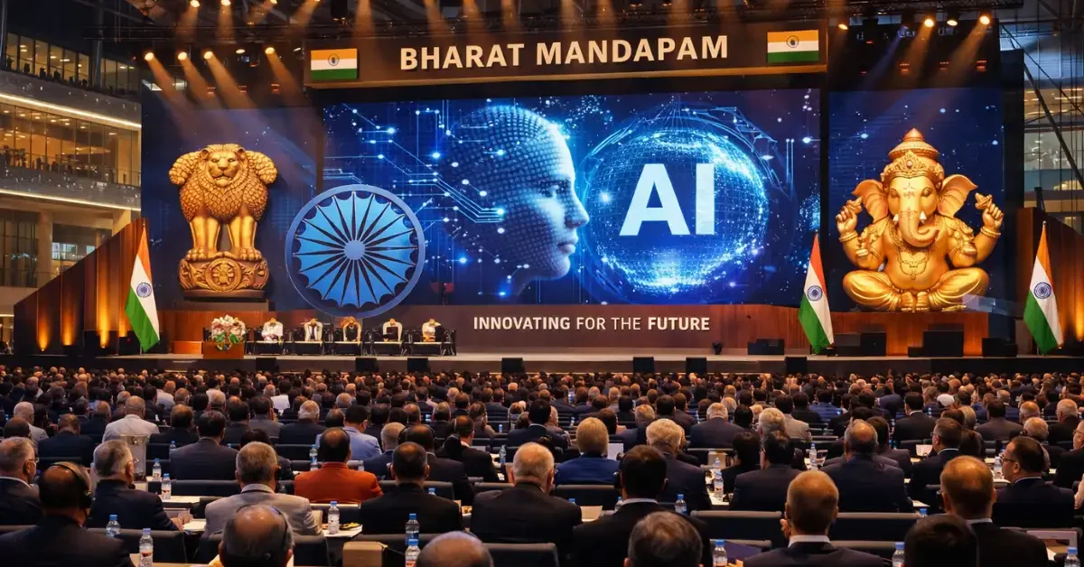India AI Impact Summit 2026 taking place at Bharat Mandapam convention center in New Delhi with international delegates and leaders gathered for the opening ceremony