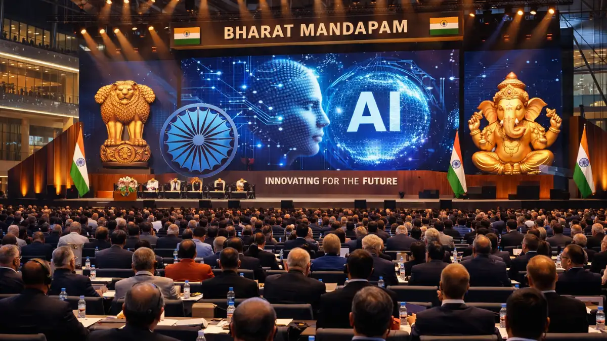 India AI Impact Summit 2026 taking place at Bharat Mandapam convention center in New Delhi with international delegates and leaders gathered for the opening ceremony